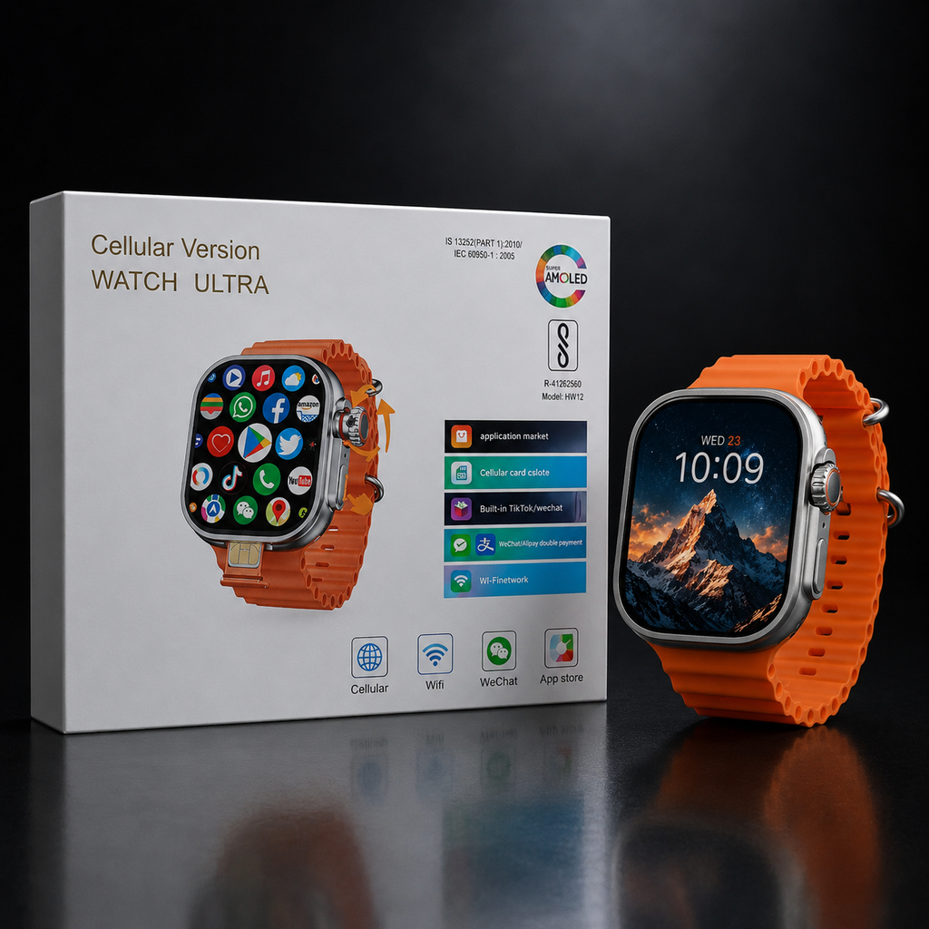 WATCH ULTRA Cellular Android Smartwatch with 5G SIM, Wi-Fi & AMOLED Display – Orange Strap