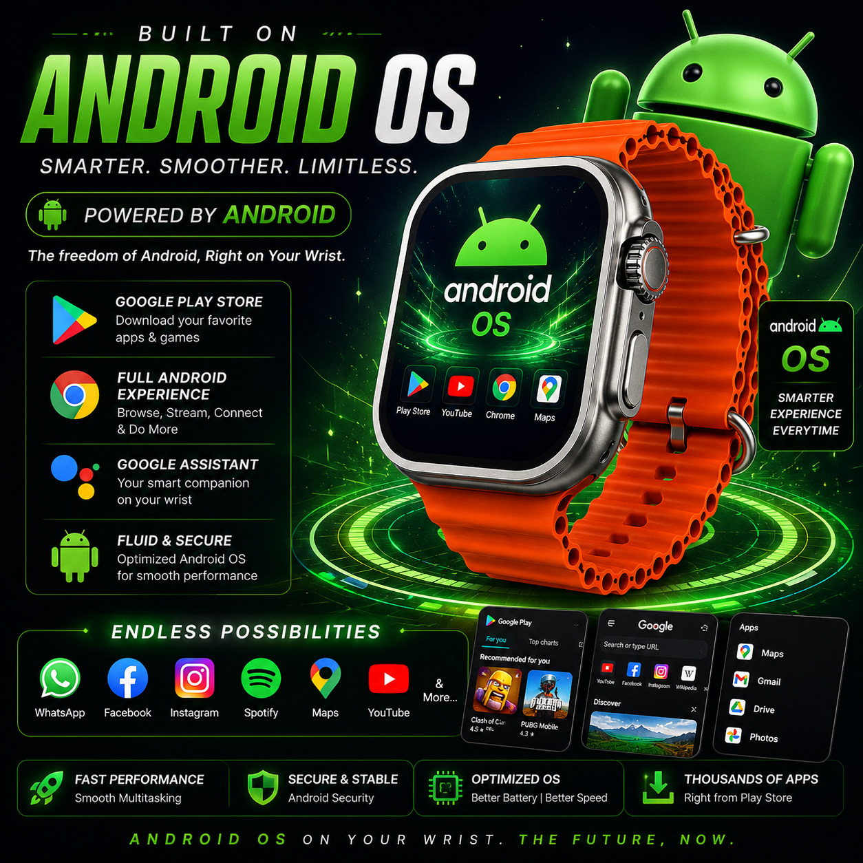 WATCH ULTRA Cellular Android Smartwatch with 5G SIM, Wi-Fi & AMOLED Display – Orange Strap